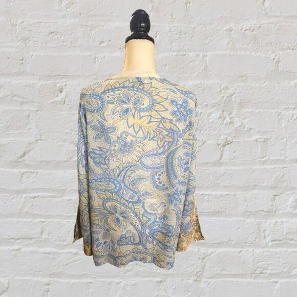 Brownstone Studio Blue & Tan Paisley Designed Long Sleeve Elegant Tunic Blouse - Picture 3 of 5